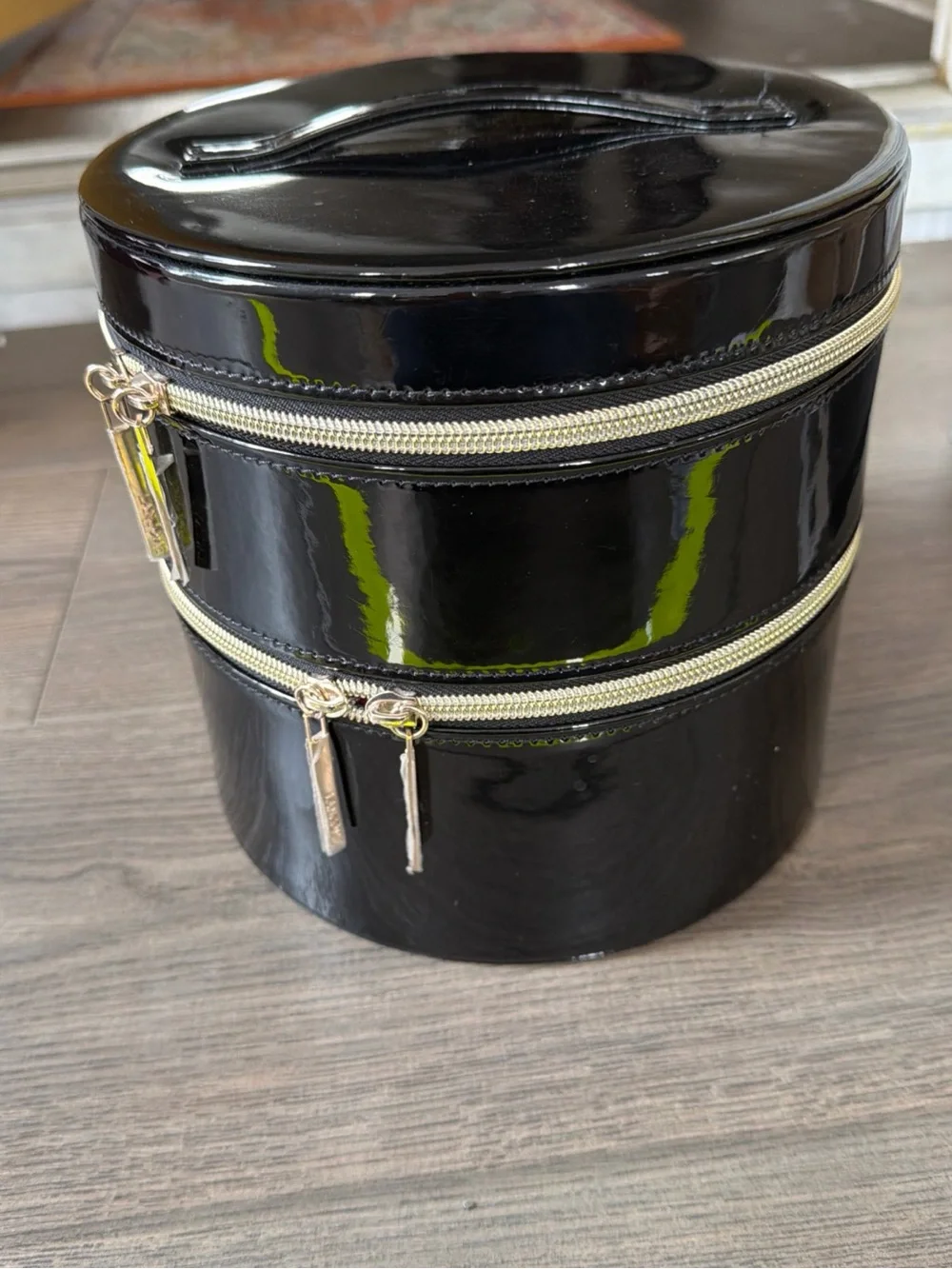 Lancôme Black Patent Round Jewelry/ Makeup Case with Silver Zippers 2 tier
